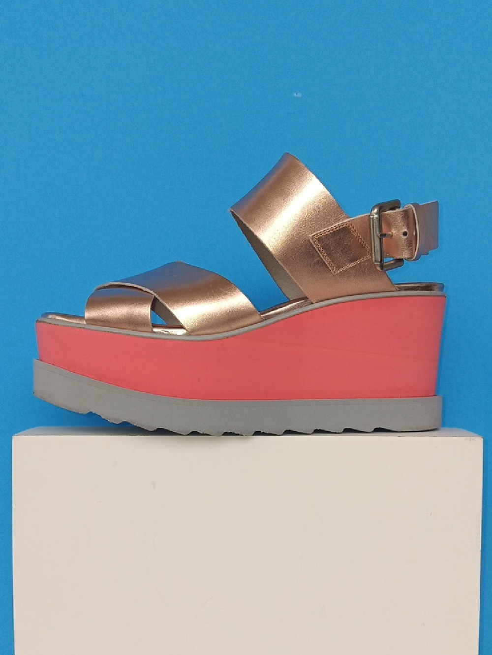 Free People Metallic Rose Gold Platform Sandal Coral Wedge Made In Spain Size36
